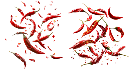 Floating red chili pieces and flakes on isolated transparent background