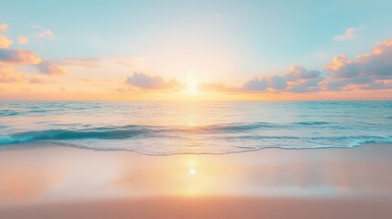 Fototapeta premium Close-up of sandy beach by the sea. Panoramic view of the beach landscape. Inspiring tropical shoreline and seascape with a distant horizon. Vibrant orange and golden hues of the sunset sky
