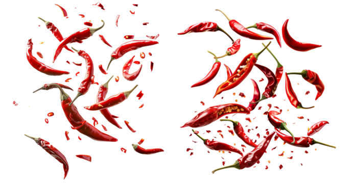 Floating red chili pieces and flakes on isolated transparent background