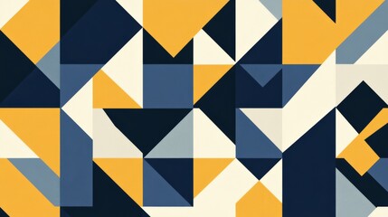 Flat geometric abstract background with triangles and squares in navy blue, mustard yellow, and off-white