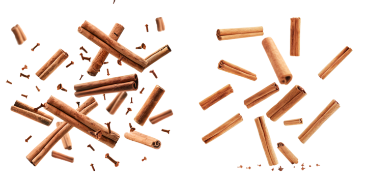 Cinnamon sticks floating in air on isolated transparent background