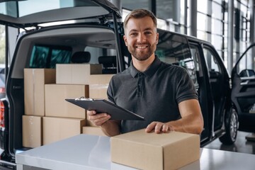 Positive facial expression, holding notepad. Delivery man or loader is near the car with a box