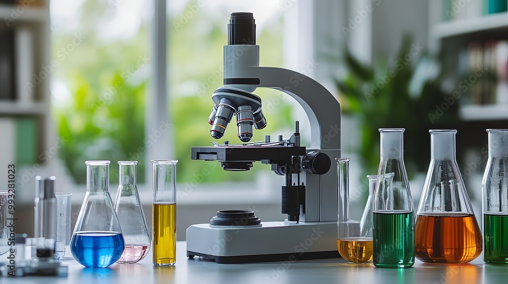 Aufkleber microscope and chemical flasks in a laboratory setting
