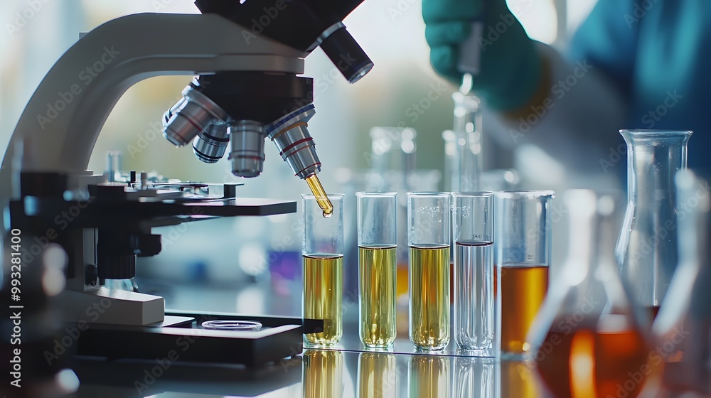Aufkleber a microscope dropping liquid into a test tube in a laboratory setting