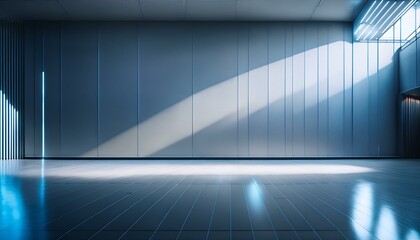 Universal minimalistic blue background for presentation. A light blue wall in the interior with beautiful built-in lighting and a smooth floor