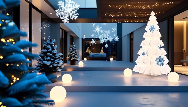 christmas tree with candles and decorations A modern outdoor Christmas setup with sleek, white and blue lights, geometric snowflake decorations, and minimalist lit-up trees in a clean, contemporary ya