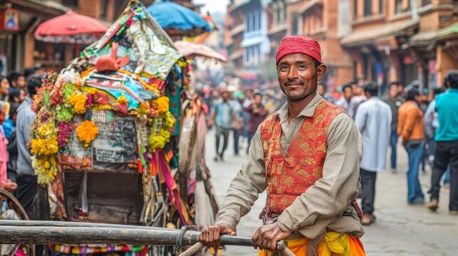 Vibrant Bisket Jatra Celebration in Nepal: Nepalese Man Pulling Chariot in Traditional Attire Amid a Festive Crowd on Street