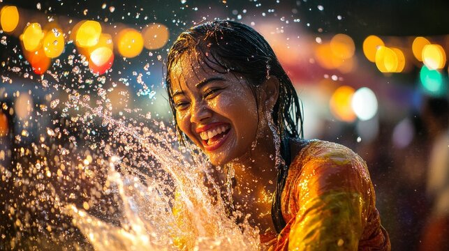 Joyful Burmese Woman Celebrating Thingyan Festival with Water Splashes in Bright Outdoor Setting
