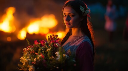 Naklejka premium Ukrainian Woman Embracing Ivana Kupala Tradition at Night: Holding Flower Wreath Amid Bonfire Glow