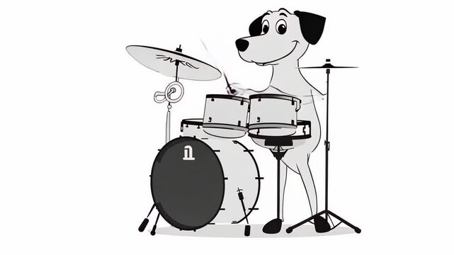 Cartoon dog drummer enthusiastically playing on a drum kit, using a simple and clean black-and-white design