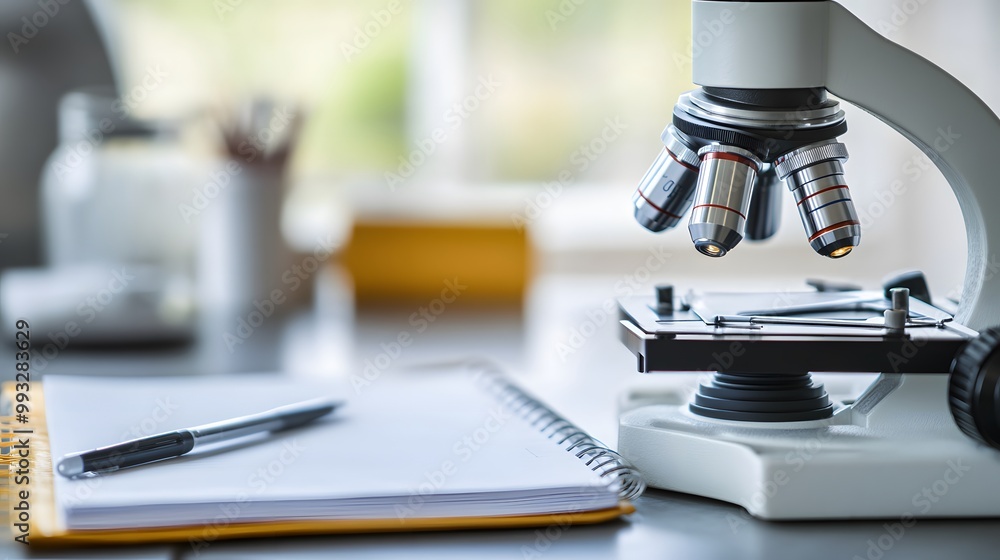 Poster microscope and notebook on a laboratory table