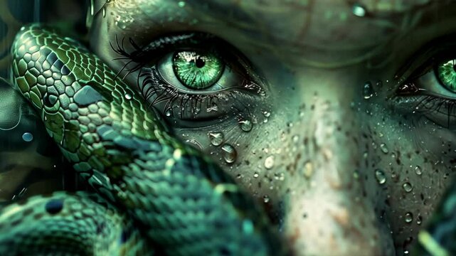 A close-up of a green snake wrapping around a woman's face, with water droplets glistening on her skin
