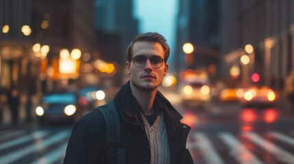 Fototapeta premium A young man wearing glasses stands confidently on a bustling city street during twilight. The background features blurred lights and vehicles, capturing the vibrant energy of urban life.