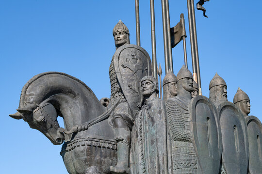 PSKOV, RUSSIA - JUNE 11, 2024: Prince Alexander Nevsky with Russian warriors. Fragment of the memorial "Ice massacre" on Mount Sokolikha