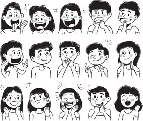 Facial expressions hand gestures black and white line illustration vector