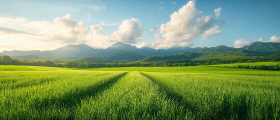 Obraz premium Lush green rice field with mountains under a blue sky