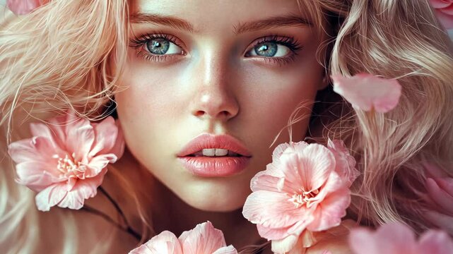 A woman with blonde hair and blue eyes looks directly at the camera, surrounded by soft pink flowers