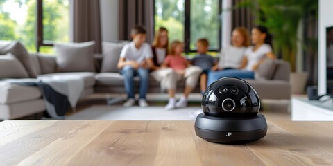 A home security camera installed in a living room captures a peaceful family environment. night vision,motion detection,remote,monitoring,family protection,child safety,Smart home, peace of mind