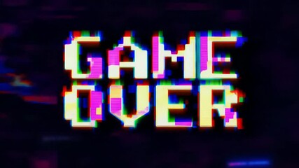 Glitched Game Over text on a digital screen with colorful distortion. Gaming and digital art concept. Design for digital media.