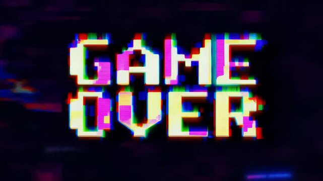 Glitched Game Over text on a digital screen with colorful distortion. Gaming and digital art concept. Design for digital media.