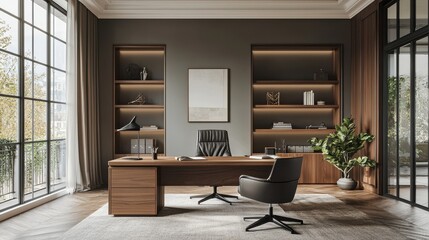 Fototapeta premium Stylish home office interior with a large walnut desk and modern decor, spacious design featuring natural light through large windows