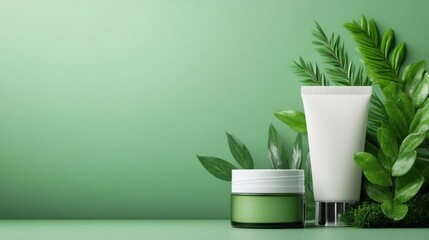 Green Natural Skincare Products on Trendy Background