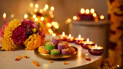 A delicious Christmas cake decorated with candles, fresh fruit, and flowers, perfect for a festive dessert or sweet treat