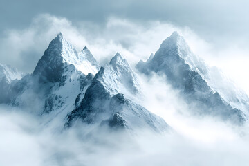 Obraz premium Snow-dusted alpine peaks pierce a cloud-filled sky in this breathtaking winter mountain landscape