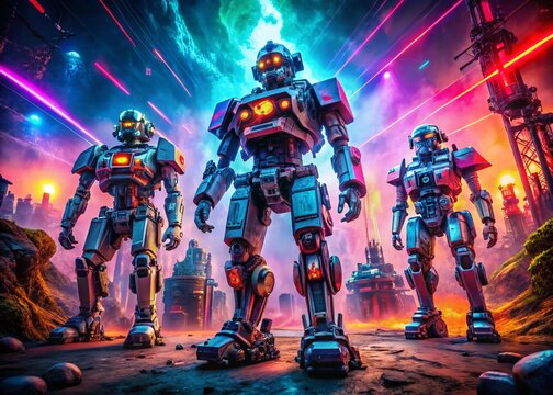 Futuristic Killer Robots in a Sci-Fi Landscape with Neon Lights and Advanced Technology Elements