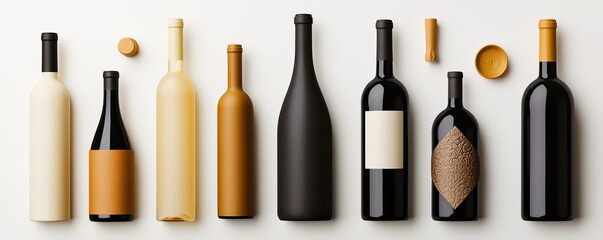 Obraz premium A collection of minimalist wine bottles in various shapes and colors, arranged elegantly on a white background.
