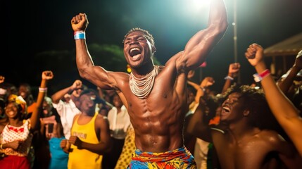 Obraz premium Traditional Wrestling at Evala Festival: Togolese Man in Action Amid Cheering Crowd Under Bright Lights