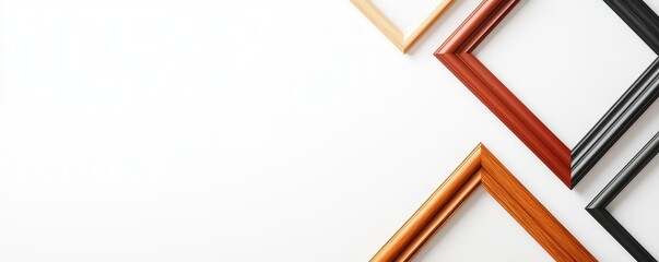 A collection of diverse picture frames in various colors arranged artistically against a white background.