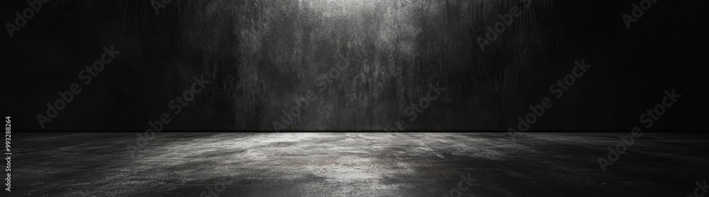 Poster this is a panoramic view of concrete flooring and walls on an empty dark room, used as a product dis