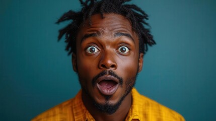 east african man expressing surprise and amazement captured with vibrant colors against a solid background allowing emphasis on emotion and cultural representation