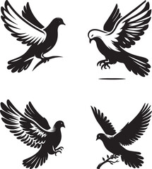 Obraz premium black dove bird silhouette vector illustration, solid white background