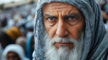 elderly muslim man in traditional attire stands solemnly before the kaaba in mecca reflecting reverence and devotion captured in a moment of spiritual significance amidst a crowd of pilgrims © julija