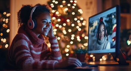 Fototapeta premium Black Woman on Video Call with Friends During Christmas – High-Resolution Zoom Party Photo