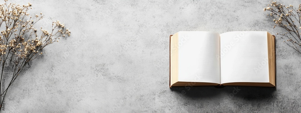 Poster open book on desk with natural elements in minimal background