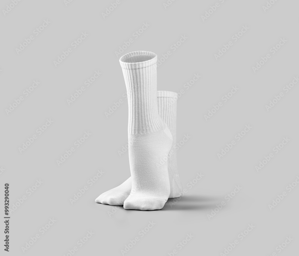 Sticker Mockup of white high socks, gaiters 3d rendering, front view, one leg with pulled up toe, pair of clothes for design, print, pattern, branding.