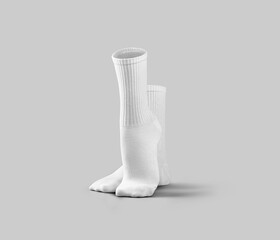 Mockup of white high socks, gaiters 3d rendering, front view, one leg with pulled up toe, pair of...