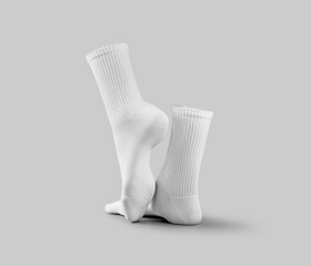 White high socks template 3d rendering, back view, one leg with pulled up toe, long gaiters for design, print, pattern, branding.