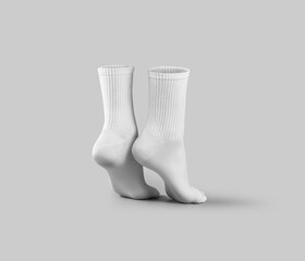 Mockup of white high socks on tiptoes, long gaiters 3d rendering, back view, pair apparel on feet, isolated on background.