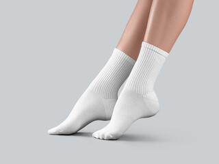 Mockup of white long socks with high elastic band on women's beautiful legs, with stretched toes,...
