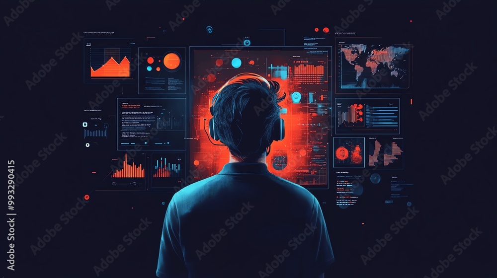 Poster silhouette of a person wearing headphones in front of a screen with data visualizations.