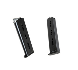 Metal pistol magazine for 9 mm cartridges. Clip for ammunition. Isolate on a white back.