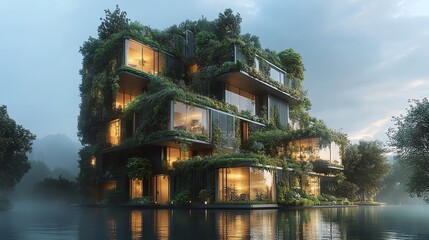Modern, sustainable architecture with a green facade and large windows reflecting the surrounding nature.