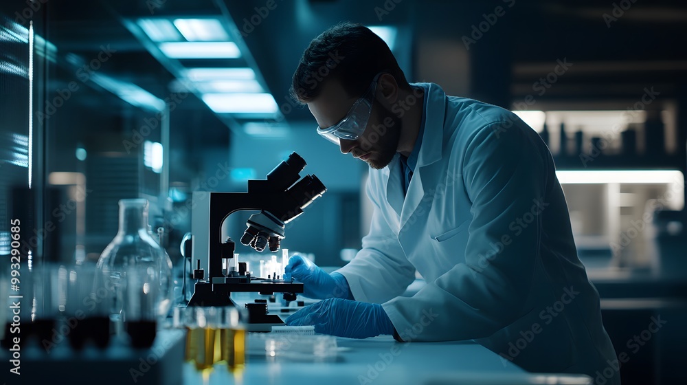 Poster a scientist in a lab coat using a microscope