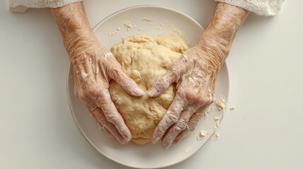 close-up overhead shot of elderly woman’s hands kneading dough on a white plate, set against a white background with soft lighting, capturing the artistry and warmth of home baking