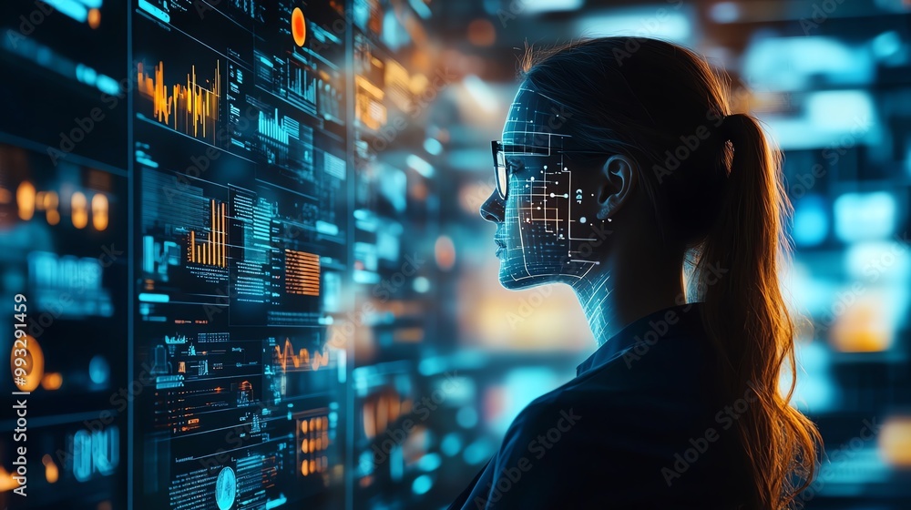 Poster woman in glasses analyzing data on a large screen with a futuristic interface.