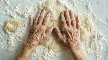 overhead shot of elderly woman’s hands covered in flour, kneading dough on the kitchen counter, capturing the details of her hands and the warmth of shared family baking traditions